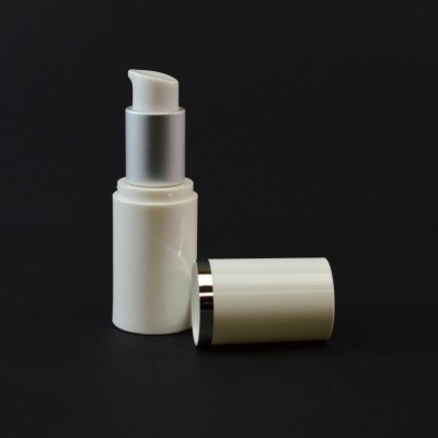 15 ml Airless White Bottle with Matte Silver Collar and White Hood