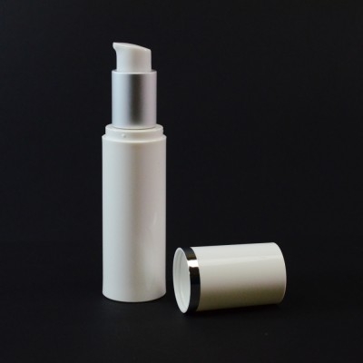 30 ml Airless White Bottle with Matte Silver Collar and White Hood
