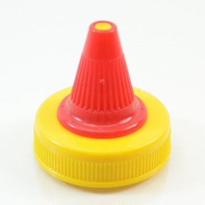 38/400 Red-Yellow Dispensing Cap Twist Open Ribbed PP